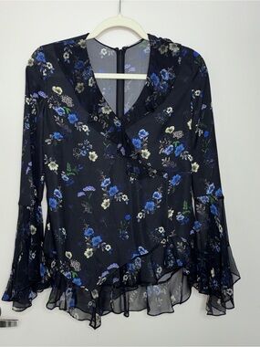 Elie Tahari 100% Silk Floral Ruffle V-Neck Blouse